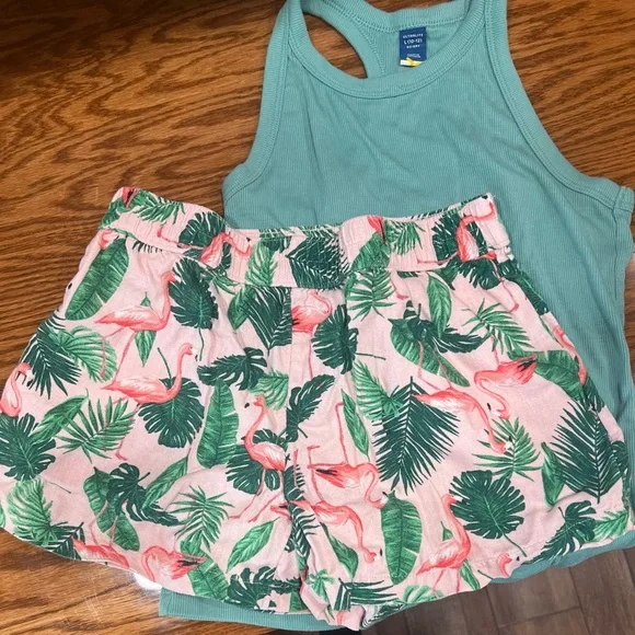 OLD NAVY Teal Tank Top and Flamingo Print Shorts Set - Picture 2 of 3
